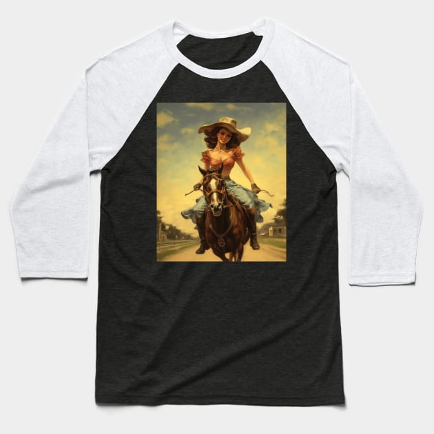 A Pin Up Girl Riding a Horse Baseball T-Shirt by goodoldvintage